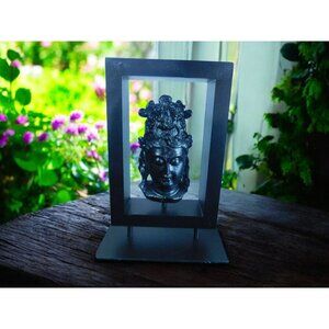 Black Resin Buddha Head Statue in Wood Frame on Metal Stand 9" Decorative Zen Ar